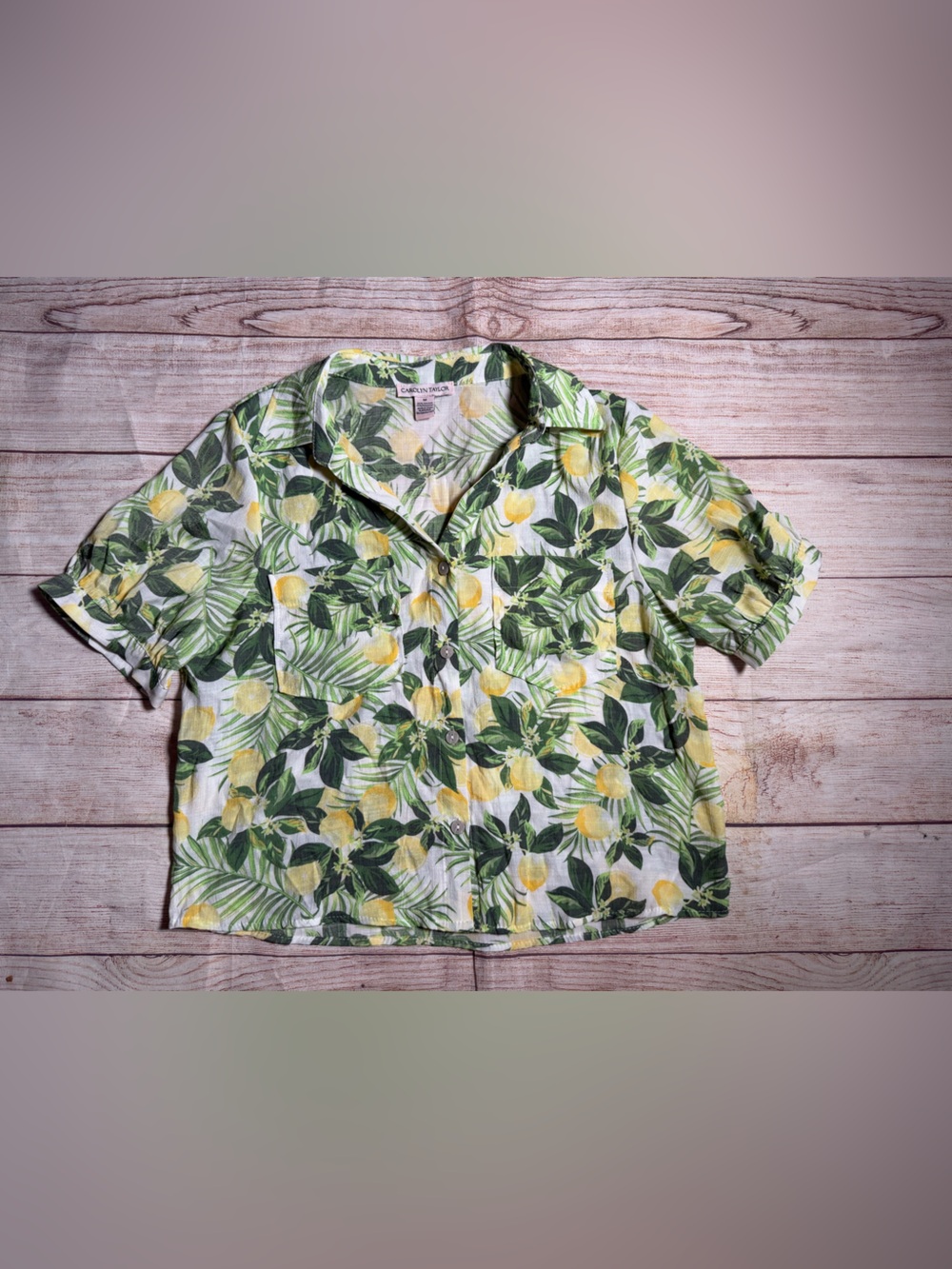 Carolyn Taylor White Green Yellow Lemon Print‎ Button-Down Shirt